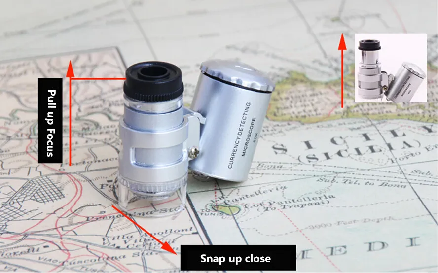 Urządzenia identyfikacyjne Mikroskop kieszeniowy 60X szkło powiększające z LED UV Detektor Mini Mikroskop 9882