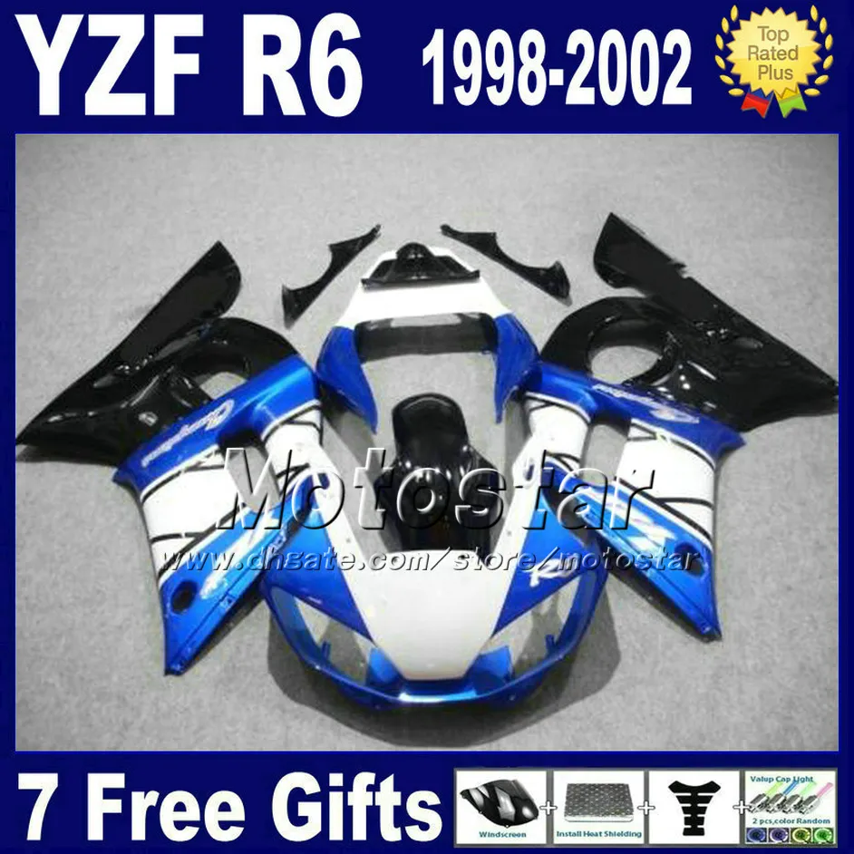 Ücretsiz kargo marangozluk YAMAHA YZF-R6 1998-2002 için set YZF 600 YZFR6 98 99 00 01 02 siyah mavi beyaz kaporta kitleri VB76