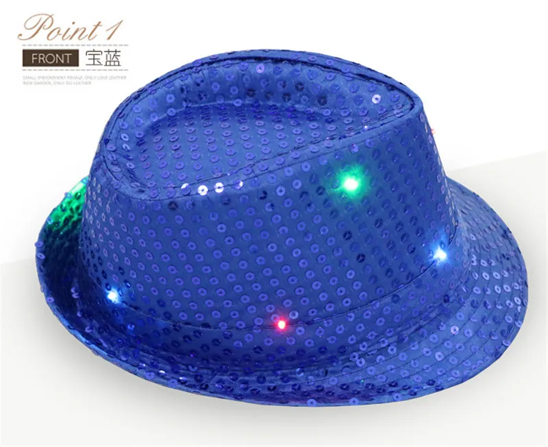 Newest !Fashion Sequins Jazz hats with LED light TOP hats for men & women Sequins Performance cowboy cap props for Christmas party