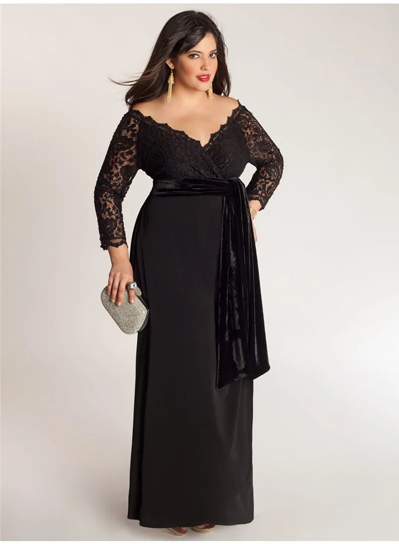 Elegant aline plus size specialtillfällen klänningar spetsar skärpning offshoulder vneck 34 långärmad anklelängd damer formella pro8914733