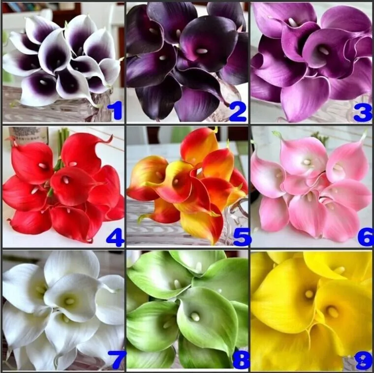 Des Çiçek Dekoratif Çiçek Yapay Koyu Mor Mini Calla Lily Buket Düğün Süslemeleri için Tedarik 9 Renk Stokta