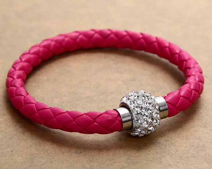 New MIC Shambhala Weave Leather Czech Crystal Rhinestone Cuff Clay Magnetic Clasp Bracelets Bangle