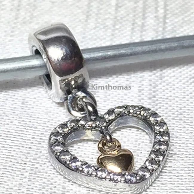 925 Sterling Silver 14K Real Gold Forever W My Heart Dangle Charm Koralik Pasuje Europejskiej Pandora Biżuteria Bransoletki Naszyjniki Wisiorki