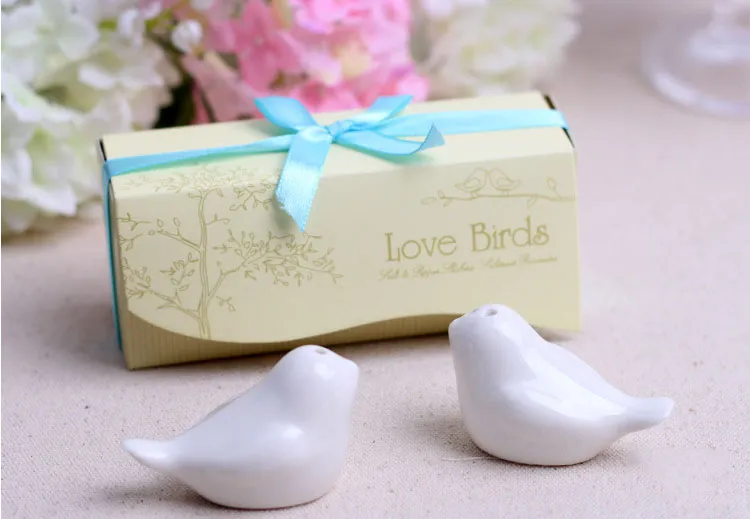 Ensemble salière et poivrière en céramique Love Birds faveurs de mariage cadeaux rubans colorés pots d'assaisonnement décoration romantique contenants de condiments