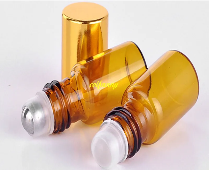 200 stks / partij 3 ml bruin amber glazen roll op essentiële olie parfumfles roestvrij stalen glazen roller bal goud zilver cap