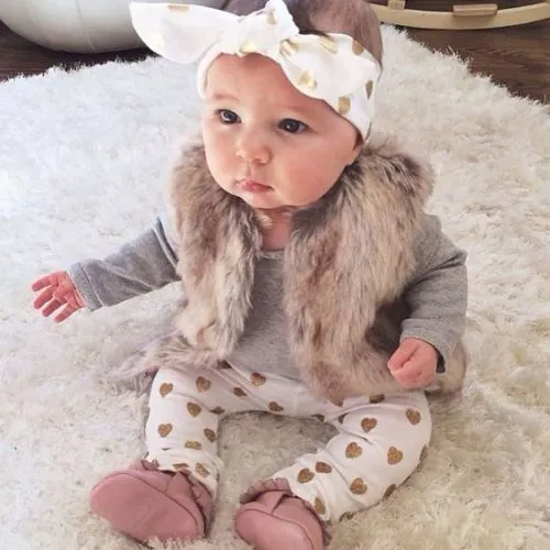 Newborn Baby Girls Clothes Long Sleeve Cotton Romper Gold Heart Pants Headband Outfits Toddler Kids Clothing Set Boutique Girls Set