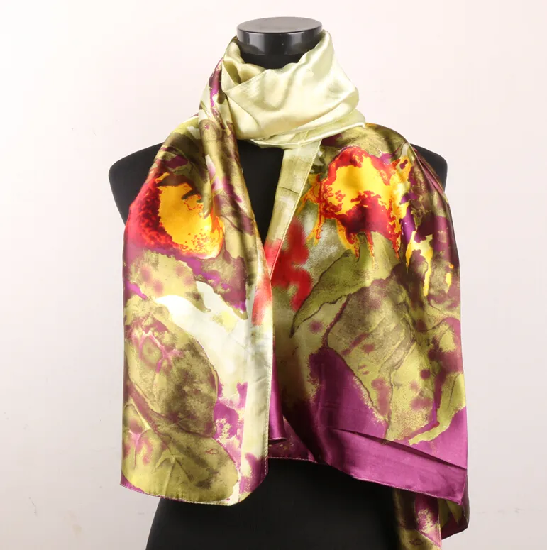 Green Leaves Plum Gold Flowers Women's Fashion Satin Oil Painting Long Wrap Shawl Beach Silk Scarf 160X50cm