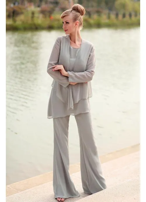 2 -częściowa dama elegancka ubranie Mother of the Groom Bride Pant z owiniętą kurtką szyfonową garnitury Mother039s Formalne imprezę 5381271