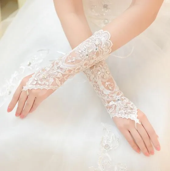 Bridal Gloves Fingerless Ivory Lace Gloves Bridal Accessories Beaded Long Gloves Wedding Gloves White Lace HT75