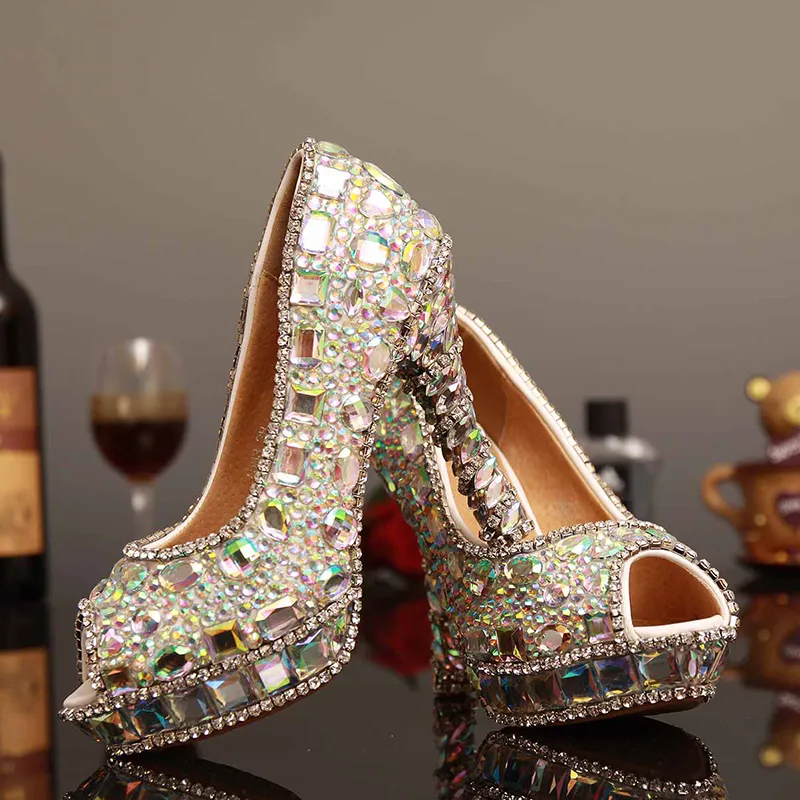 Luxury AB Crystal High Heels Woman Shoes Fashion Glitter Crystal Peep Toe Bridal Wedding Dress Shoes Lady's Party Proms 