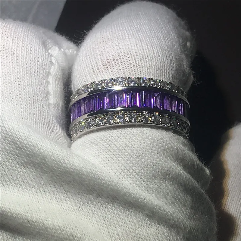 Fashion ring Full princess cut 15ct Purple zircon stone White gold filled Anniversary wedding band rings for women men Bijoux