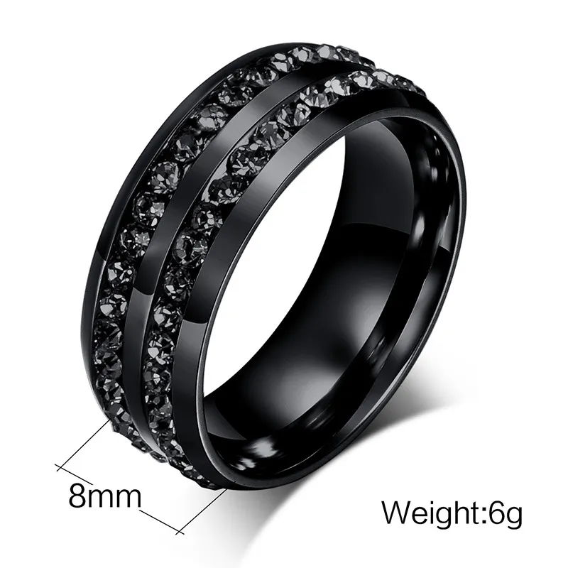 Titanium Steel Set Diamante Men And Women Fashion Rings Black 8mm Size 7-13312V