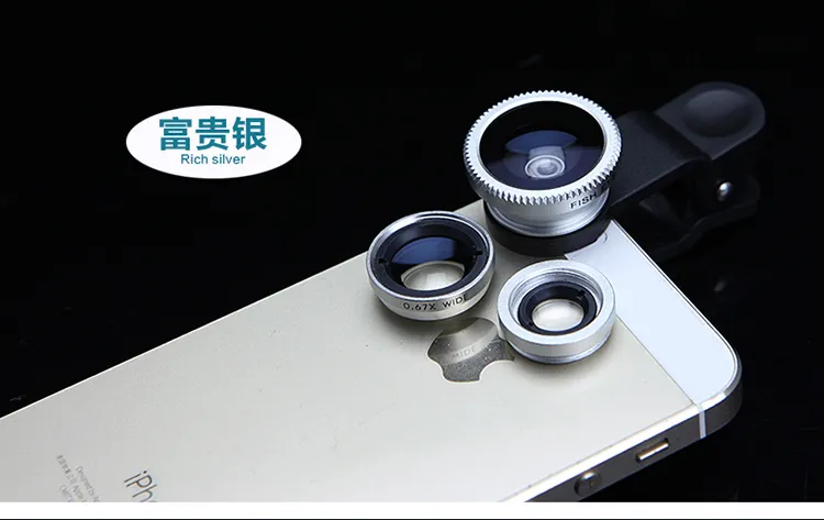 3 in 1 lens Universal Lens Metal Clip Fish Eye Lens Universal Wide Angle Micro Lens voor Apple iPhone 4 4S 5 5C 5S I6 Samsung Mobile Smart