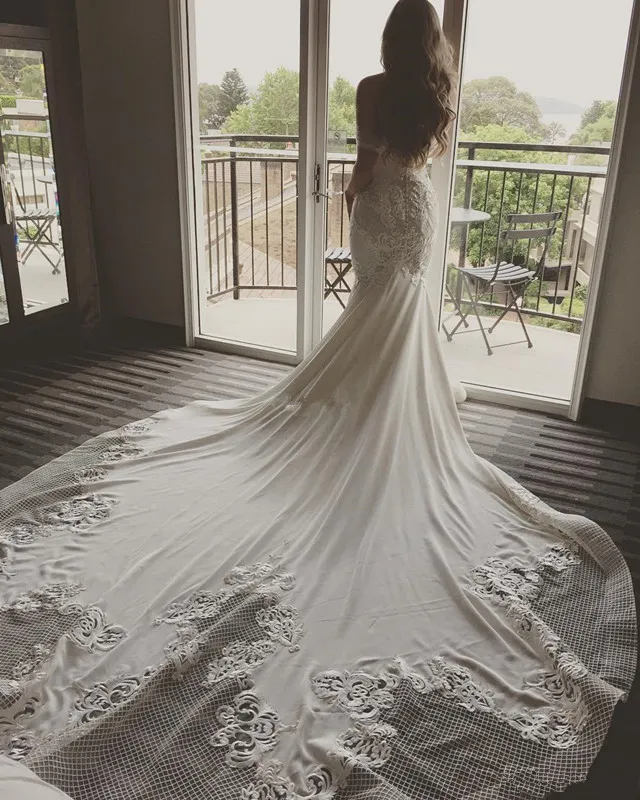 modern boho bridesmaid dresses New Arrival Boho Beach Wedding Dresses Lace Mermaid with Sleeves US20W / Ivory