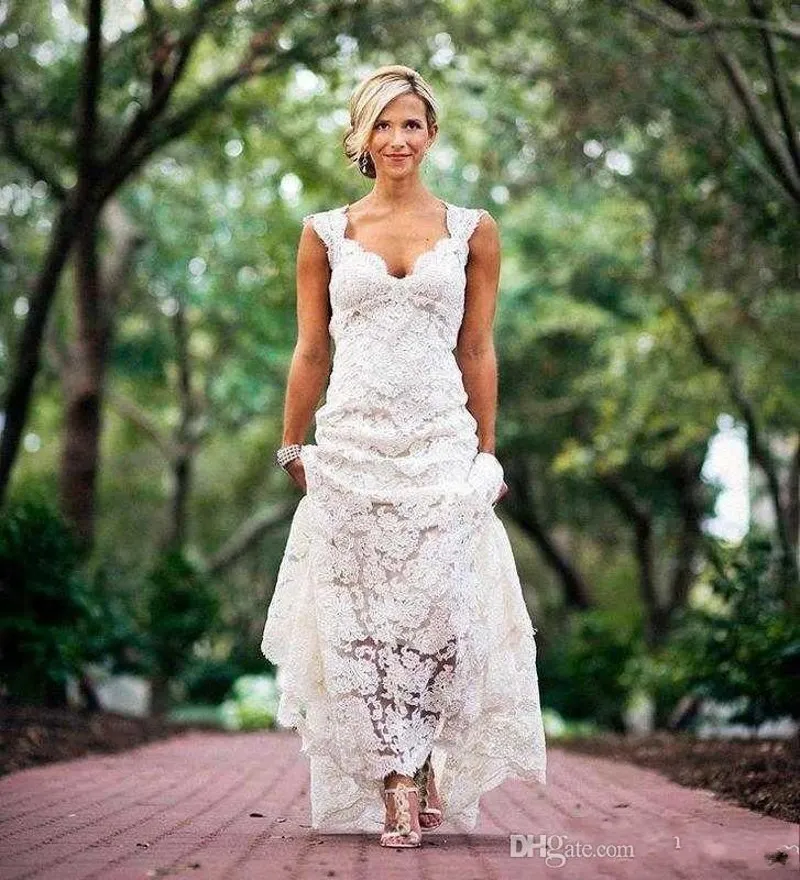 2018 New Chic Rustic Full Lace Wedding Dresses Cheap V Neck Open Back Sweep Train Boho Garden Bridal Gown Custom Made Country Styl268H