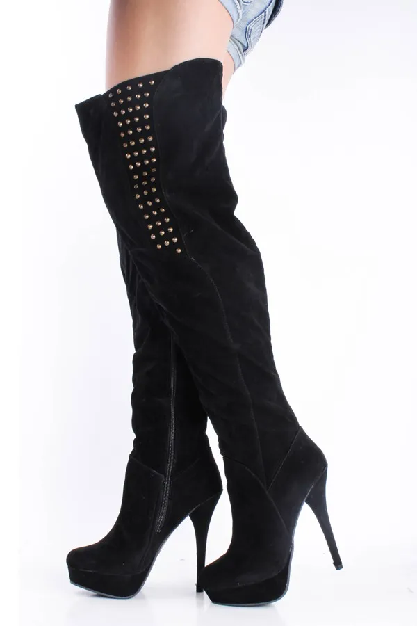 女性の靴のための膝の靴の上に黒/ブルーポンプスエードブーツレッグラインストーンハイヒールの靴女性ブーツ新しい到着2015カスタムメイド