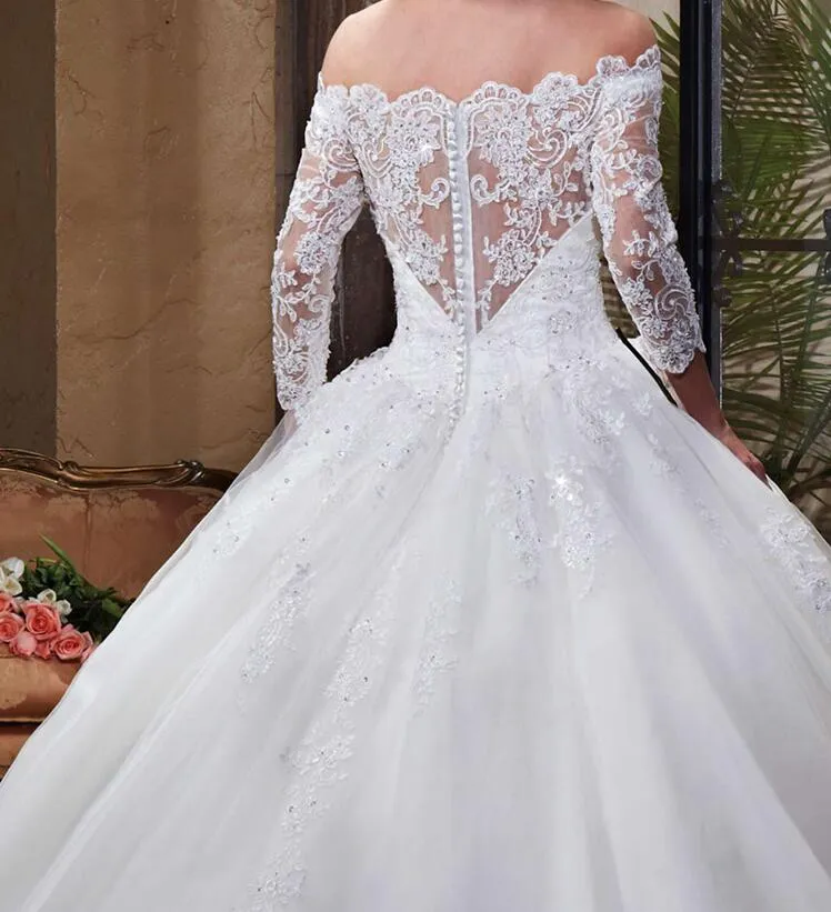 Gorgeous White Ball Gown Wedding Dresses Strapless Three Quarter Sleeves Zipper with Buttons Back Sweep Train Bridal Gowns
