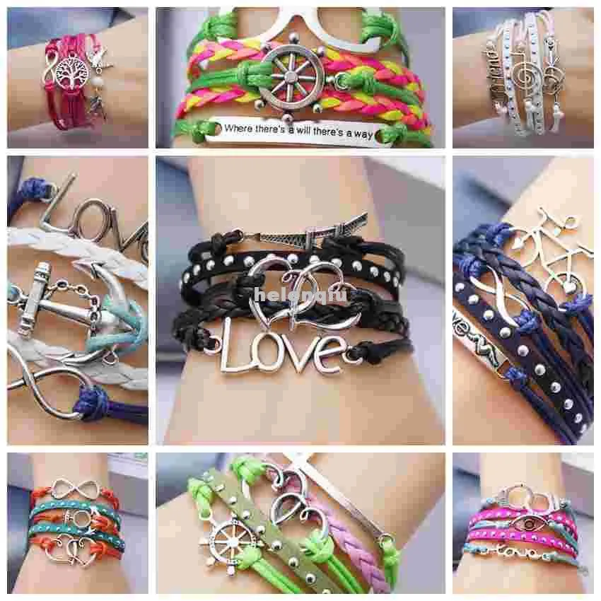 Mode-Armband Herz hell Multi-Armbänder Ashion Schmuck Lederband Liebe Freundschaft Unendlichkeit Bettelarmband Silber Lose Gemischter Stil