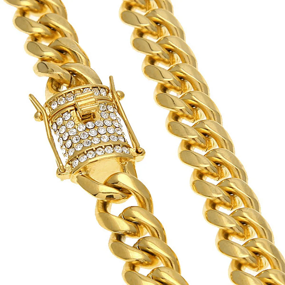 316L Rostfritt stålkedja 18K guldektroplattgjutning Clasp Diamant Curb Cuban Link Halsband Män Kedjor Smycken 24 "30" 14mm