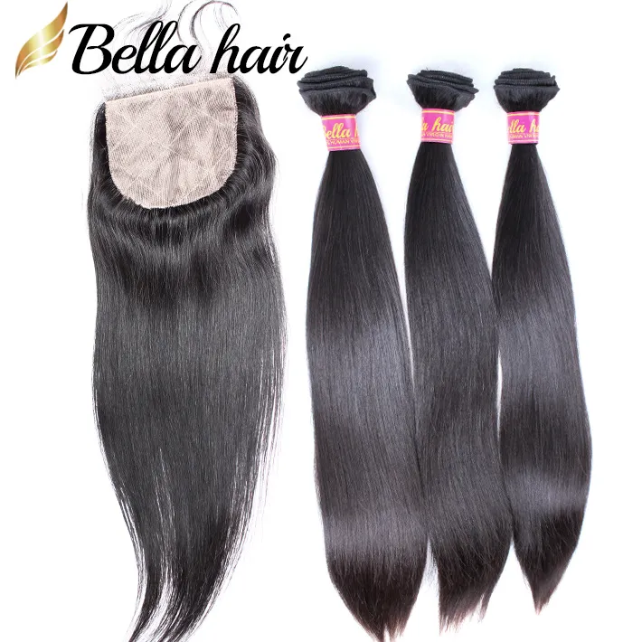 Facos de cabelo humano com fechamento de renda da base de seda 4x4 Extensões retas da trama de cabelo da Malásia Malásia Malásia 4pc Bellahair