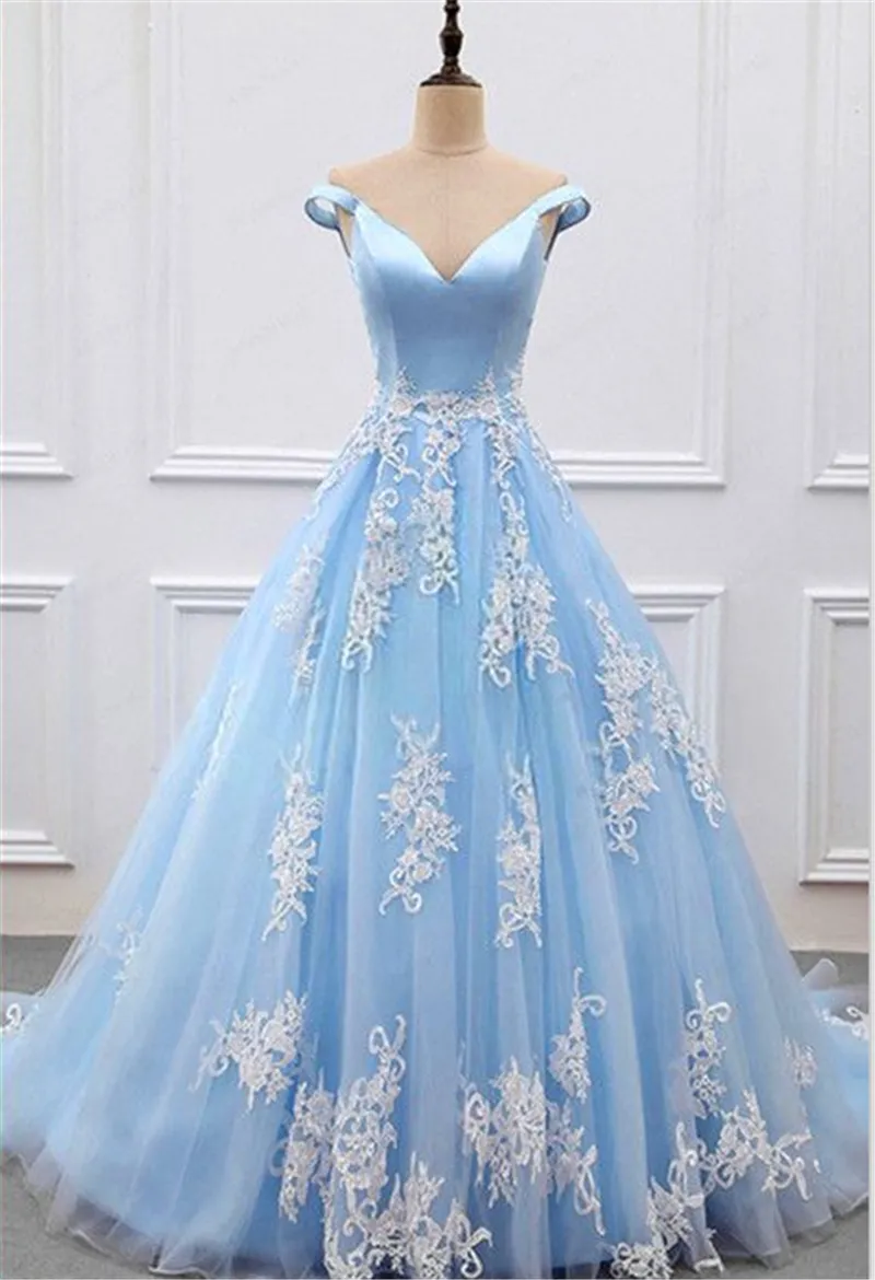 Uit de schouderblauwe prom -jurken blauwe sexy kanten applique baljurken reals avondjurk Vestidos de formatura longo8247088