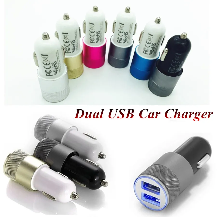 Metalen legering Dual USB Auto Charger LED Light 5V 3.1A 2-poorten Synchronisatie Oplaadadapter Bullet Universal voor iPhone7 Plus Samsung S7 HTC