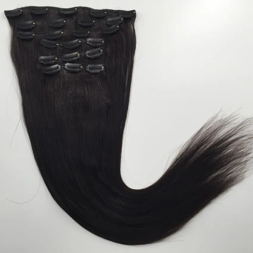 Brasilianska Virgin Human Clips In Hair Extensions Straight Light Yaki Hårväft Naturlig Svart Färg 120g En Bundle En uppsättning