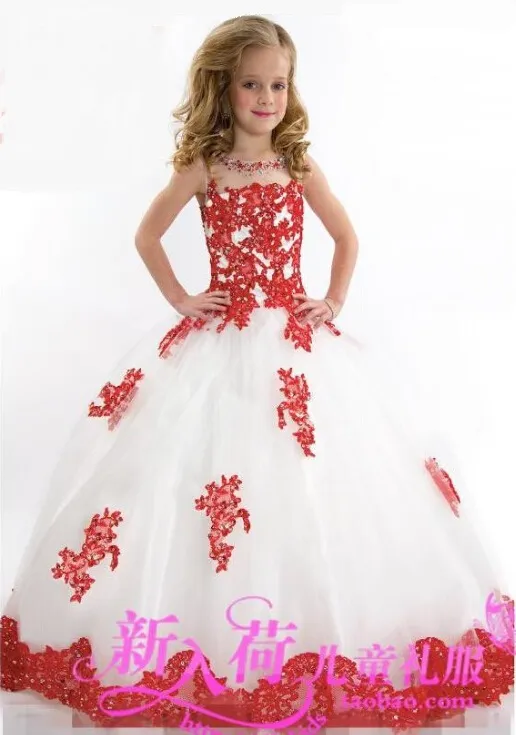 Nouvelle Arrivée Dentelle Toddler Spaghetti Blanc Et Tulle Rouge Perlé Avec Des Robes De Pageant À La Main Pour Les Filles 315u