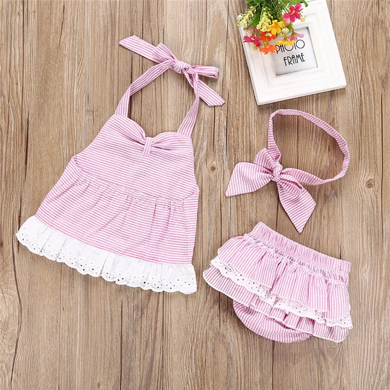 2018 sommer Baby Mädchen Kleidung Set Casual Neugeborenen Mädchen Anzug Bowknot T-shirt + Shorts + Stirnband Gestreiften Kinder Kleidung Outfits Set