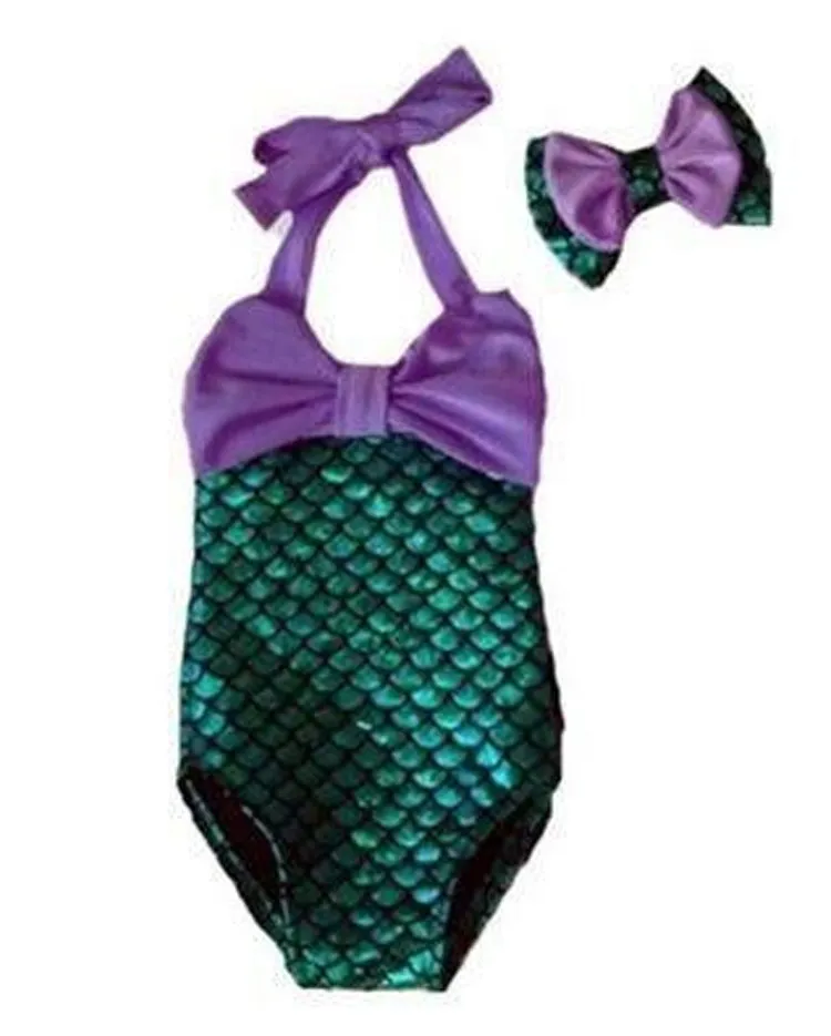 Roupa do bebê Crianças Meninas Swimwear Little Mermaid Bikini Set Summer Beach Swimsuit Com bowknot Headband Meninas maiô de natação traje