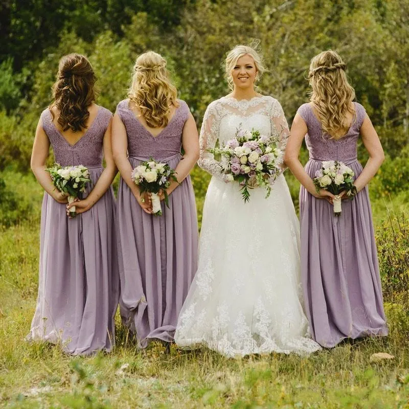 2020 Cheap Country Lavender Bridesmaid Dresses Lace Appliques V Back With Zipper Chiffon Wedding Guest Party Dresses Maid of Honor Gowns