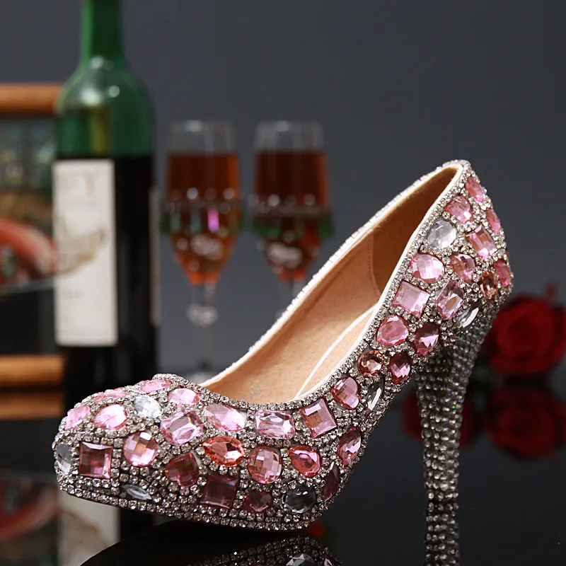 New Chegou Shinny Rosa de Cristal Strass Sapatos de Salto Alto Moda de Luxo Senhoras Rodada Toe Nupcial Do Vestido de Noiva Sapatos