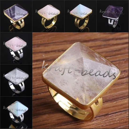 10pcs all'ingrosso fascino fascino argento / placcato oro quarzo rosa quarzo cristallo di rocca piramide perline pietra preziosa regolabile anello di barretta gioielli