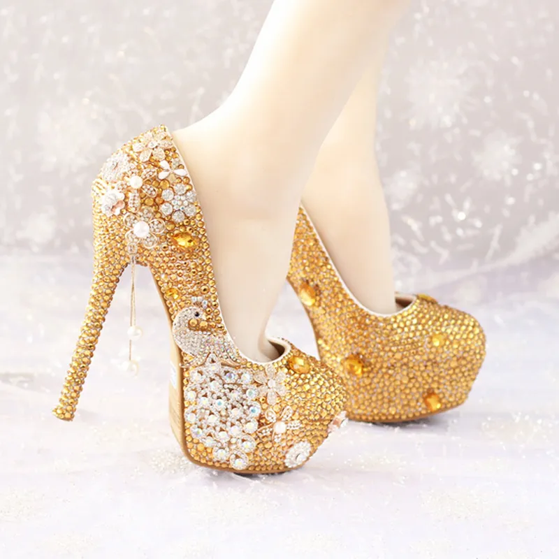 Glitter Guld Strass Bröllop Skor 5 Inches Högklackat Party Pumps Bling Diamond Evening Prom Heels Kändisfunktion Skor