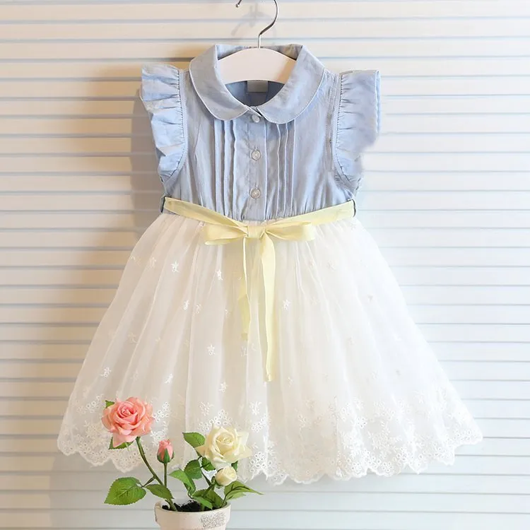 Rüschenärmel Mädchen Prinzessin Kleid Kinder ärmelloses Kleid Spitze Nähte Kleid Mädchen Prinzessin Kleid Jeans Tutu Kleid Baby Mädchen Spitze Tutu