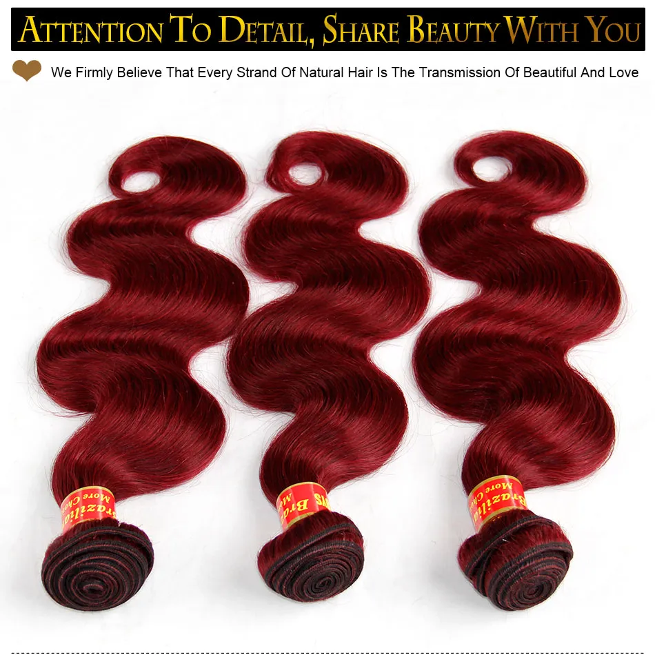 Burgundy Brasilianska Virgin Hair Weaves Bundes Body Wave Virgin Peruvian Malaysian Indian Remy Human Hair Extensions Vin Röd 99J Tjock mjuk