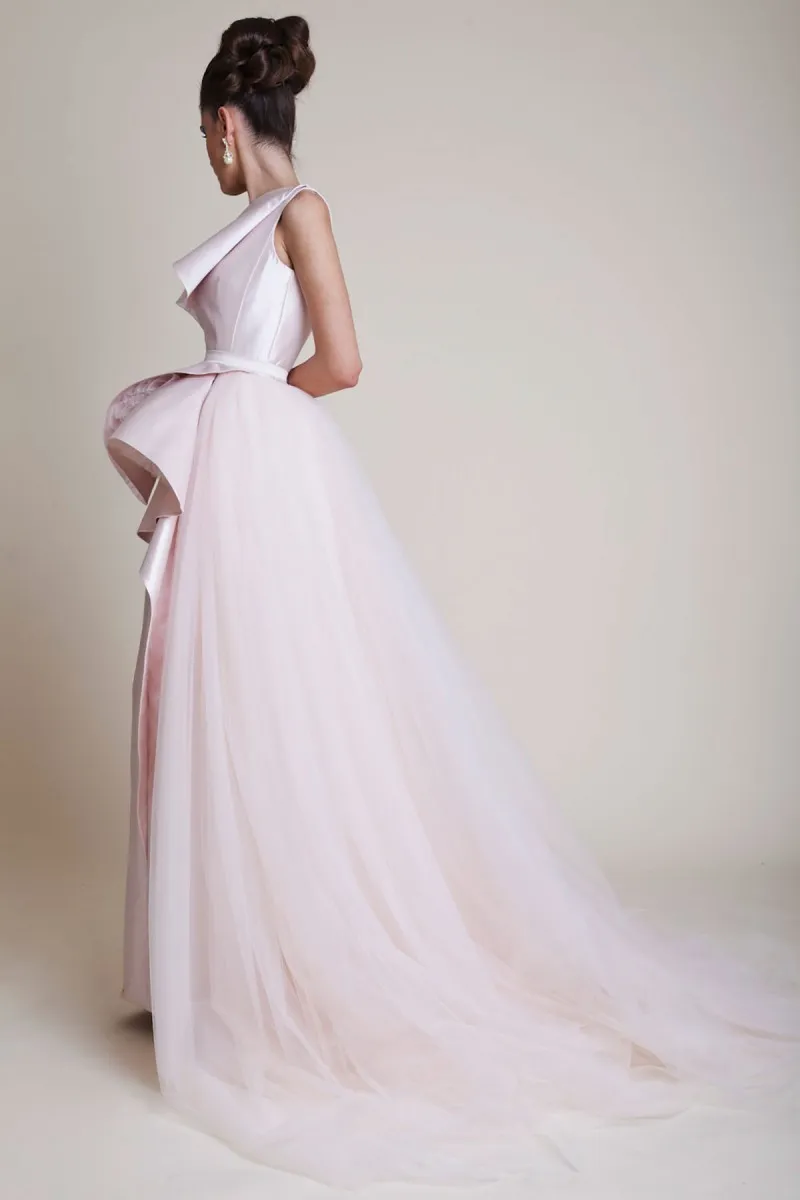 저렴한 라이트 핑크 한 어깨의 이브닝 드레스 Overskirt의 칼집 의상 가운 기차의 새틴 정장의 복장