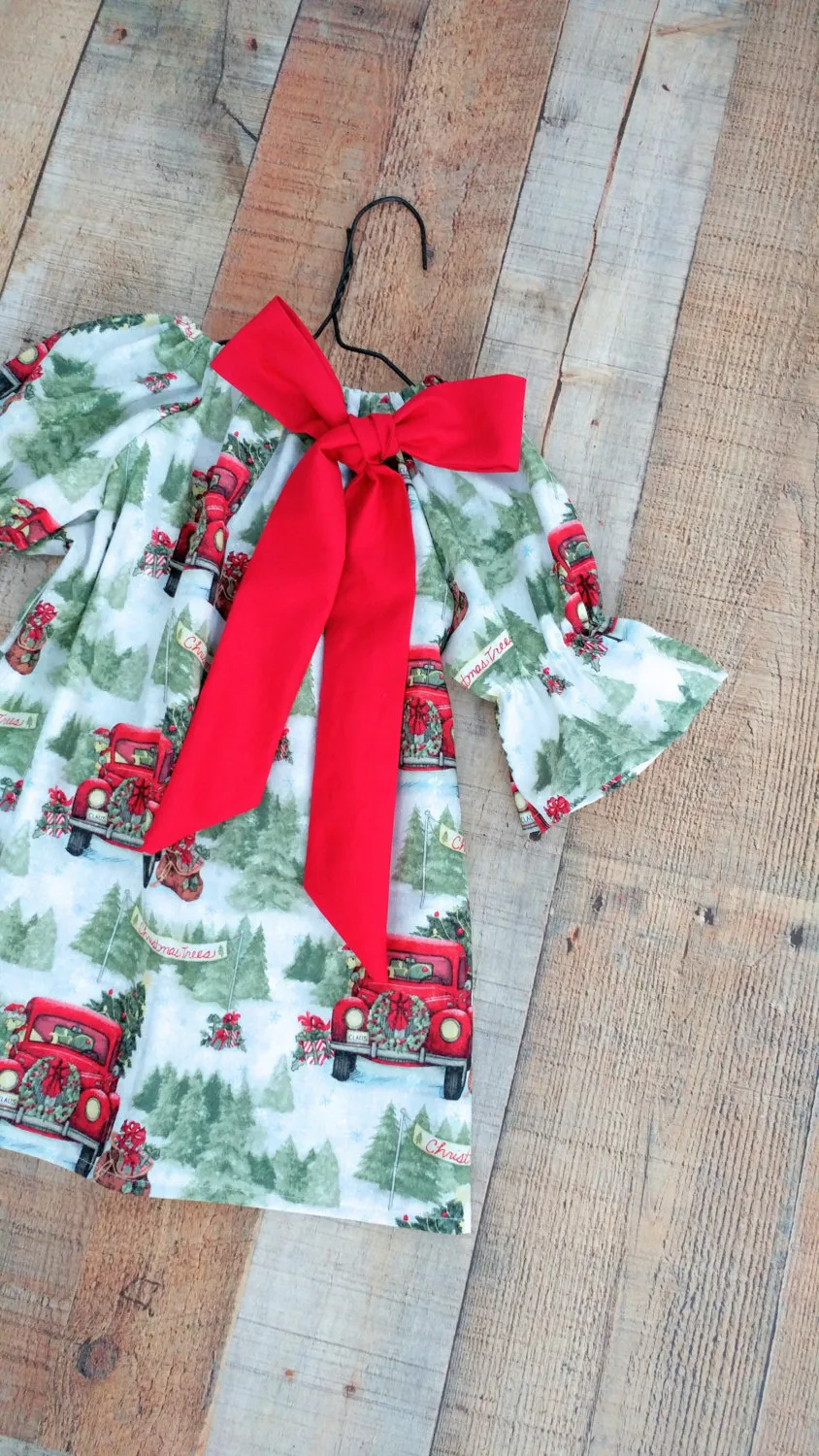 Baby Girls Christmas Dresses for Girls Boutique Baby Clothing Tree Car Printed Flower Girl Dress Ruffle Sleeve Kids Dress Baby Girls Clothes