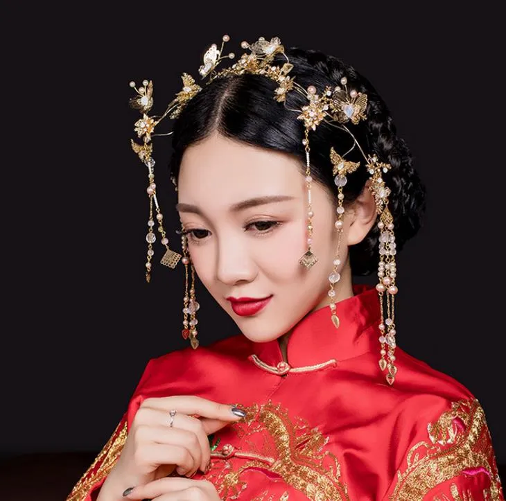 新しい中国の花嫁ヘッドドレスコスチュームタッセルコロネットウェディングショージュエルジュエリーブライドヘアコロネットWO2481