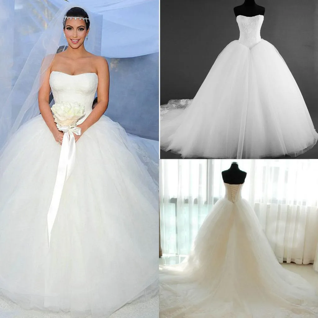 Nuovo corsetto Kim Kardashian Abito da sposa Immagini reali Vendita calda Moda senza spalline A-line Abiti da sposa Gow da sposa Tulle pizzo bianco