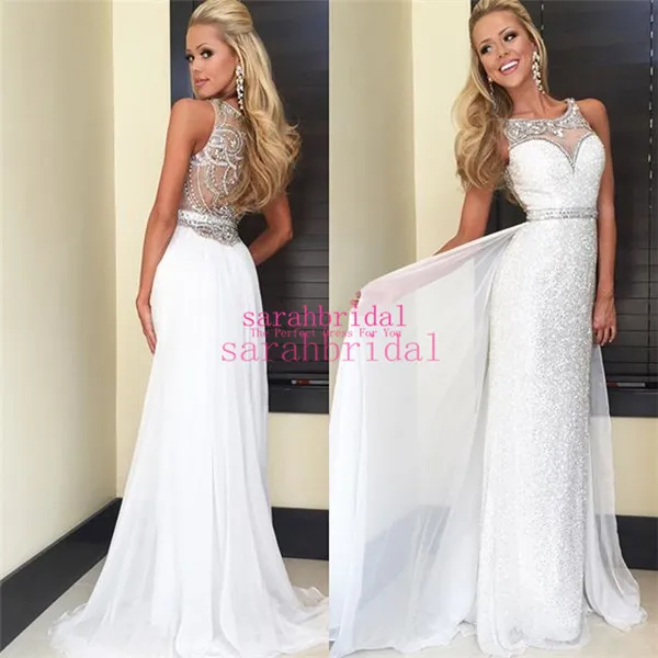 2019 Chiffon Branco e Lantejoulas Vestidos de Baile Longos Para O Verão de 8ª Classe Adolescentes de Formatura Homecoming Sale Cheap Bling Bling Cristais Vestidos