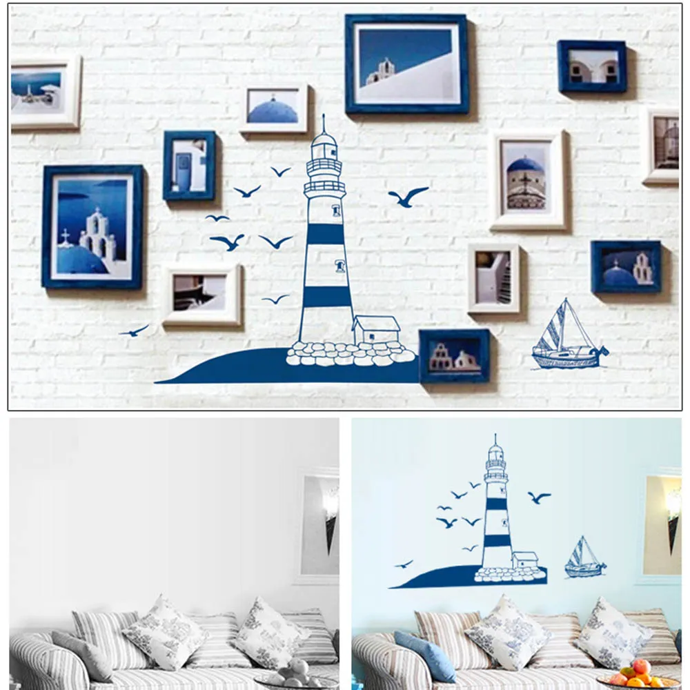 Removível adesivo de parede azul torre de barco à vela foto arte decalques mural diy papel de parede para o quarto decalque 22.5 * 50 cm, dandys