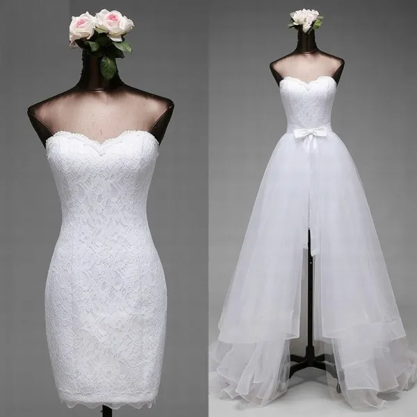 Wunderschönes Zwei-in-Eins-Hochzeitskleid mit abnehmbarem Rock, kurze Mini-Spitzenkleider, langer Tüll-Überrock, günstige, hochwertige Brautkleider