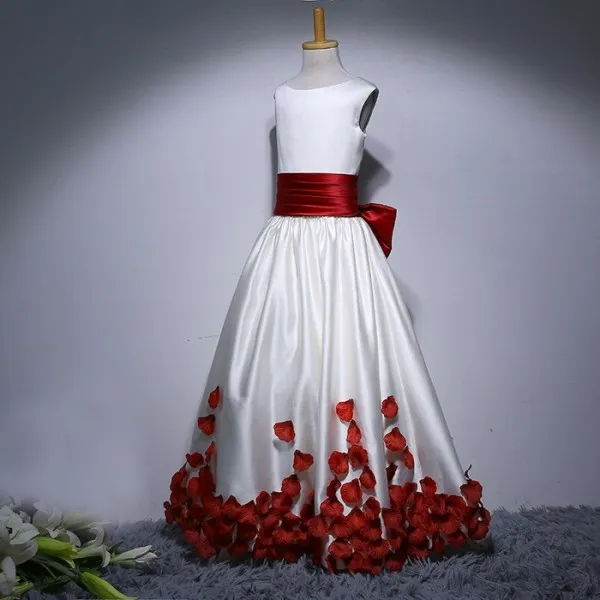 Modest Floor Length Flower Girl Dresses Red and White Kids Formal Gowns Jewel Neck Sleeveless Bow Petals Dress for Wedding