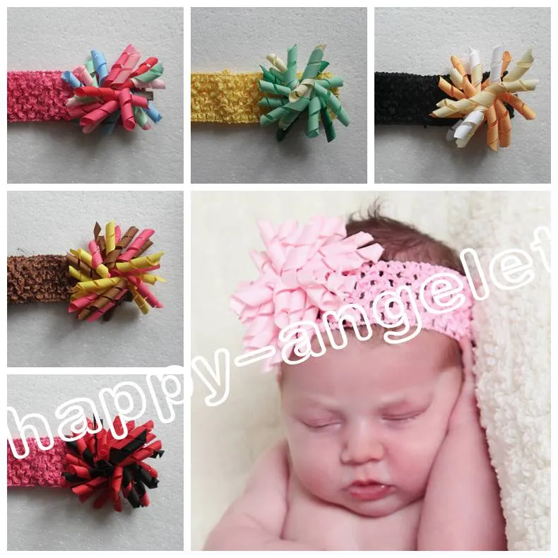 free shipping Girl flower hair bows 50pcs Crochet headband 3inch korker hair clip hair bow hairband curly grosgrain ribbon corker bow PD011