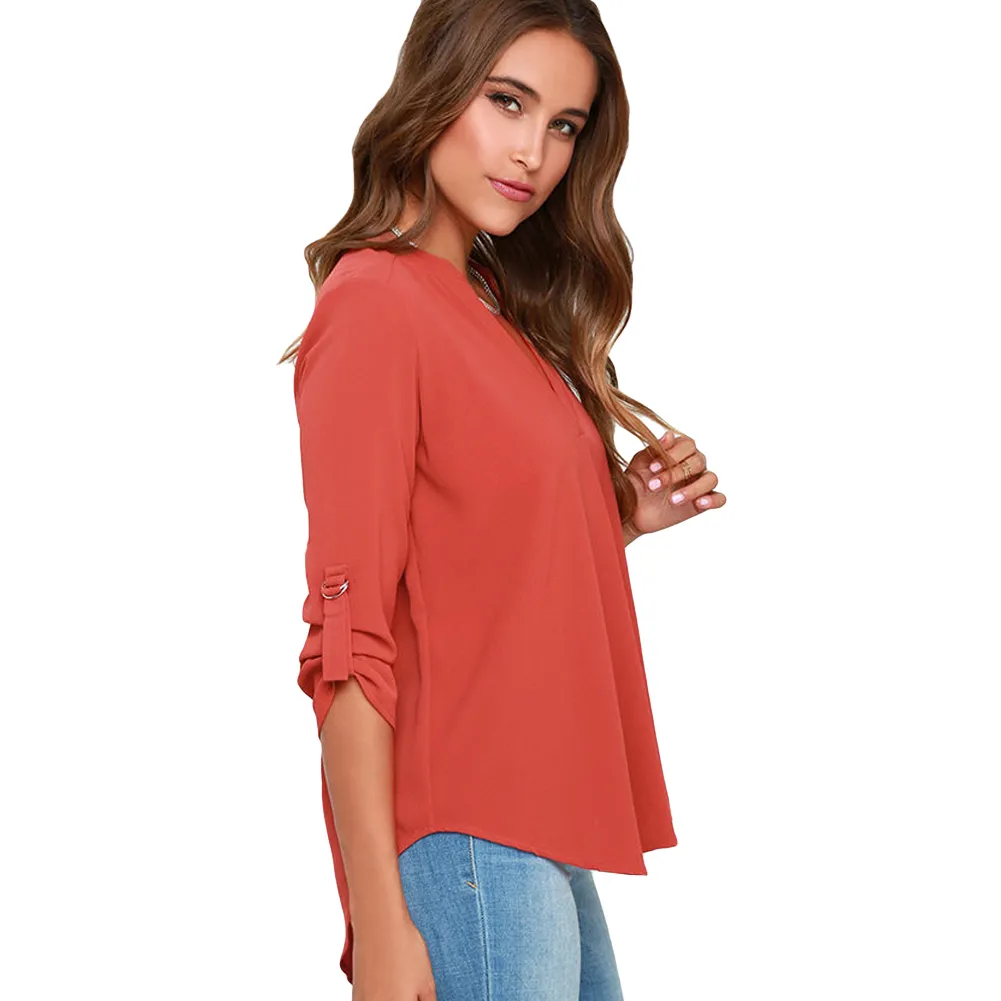 Women's Chiffon T-Shirts Solid Middle Sleeve Blusas Sexy Deep V Neck Chiffons Plus Sizes Blouse Casual Long Sleeved OL Style 282E