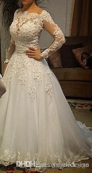 Linia Vintage 2016 Koronki Suknie ślubne Bateau Dubai Abaya Długie Rękawy Suknie Ślubne Sweep Pociąg Tulle Bride Dress Vestido de Noiva