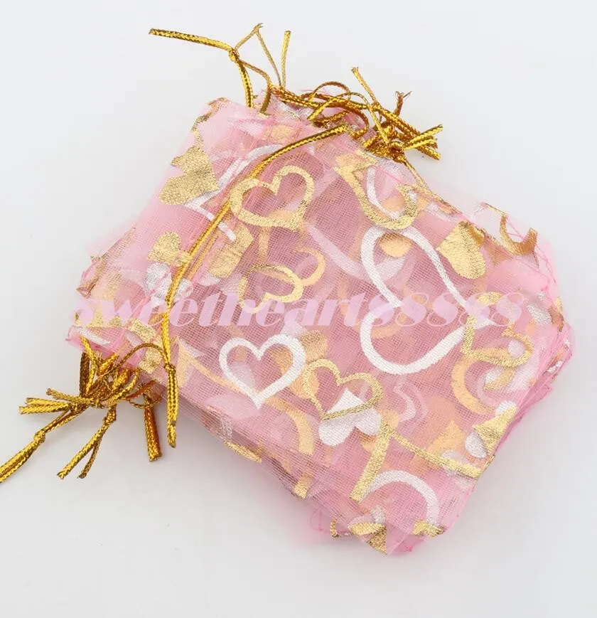 7X9cm Open Gold Silver Heart Small Organza Jewelry Pouches Bags GB040 