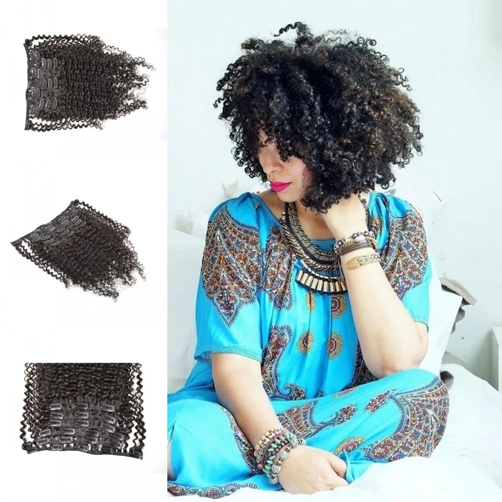 Belos grampos de cabelo cambojanos encaracolados afro crespos virgem Ins 7 pçs/conjunto grampo preto em extensões de cabelo cabelo humano real 120g/conjunto G-EASY