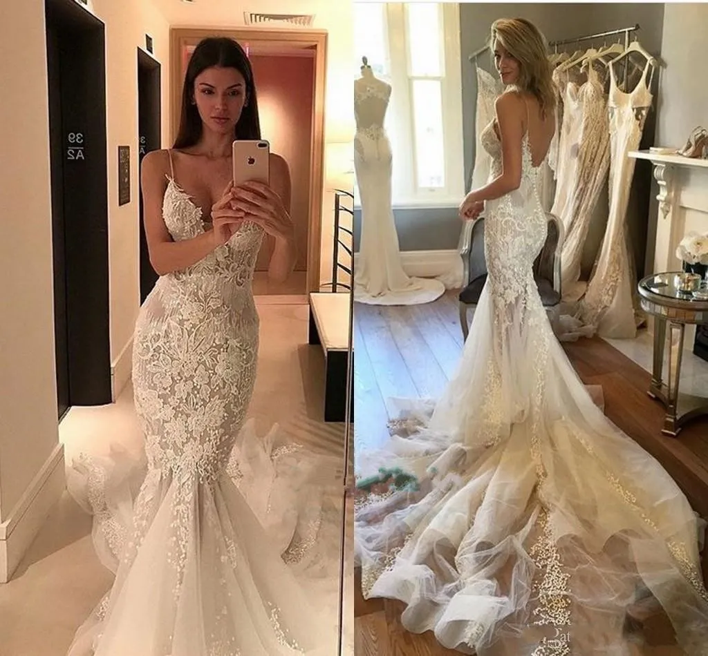 Seksowne spaghetti paski V Neck Syrenki Suknie Ślubne 2020 Nowe Backless Sweep Pociąg Koronki Aplikacje Wedding Suknie Ślubne 057